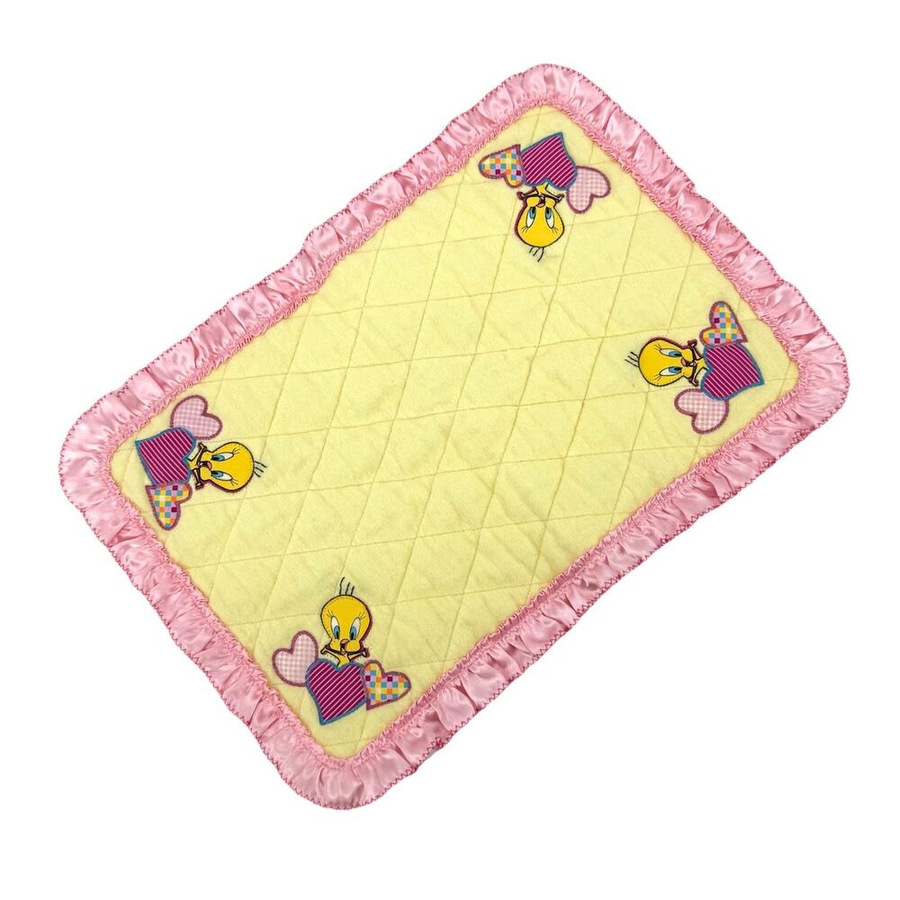 Looney Tunes Tweety Doll Blanket VTG 1997 Quilted Yellow Cotton Pink Satin Edge